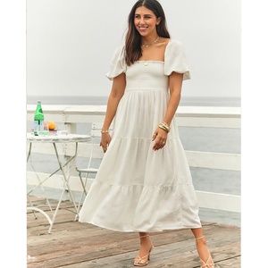 Abercrombie Smocked Bodice Linen-Blend White Puff Sleeve Midi Dress